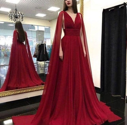 formaldressy-Red fashion V-neck long tulle floor-length prom dress evening dress gh5425
