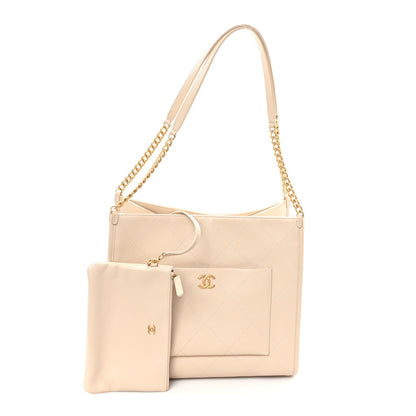 Caviar Stitched Pocket CC Large Tote Light Beige