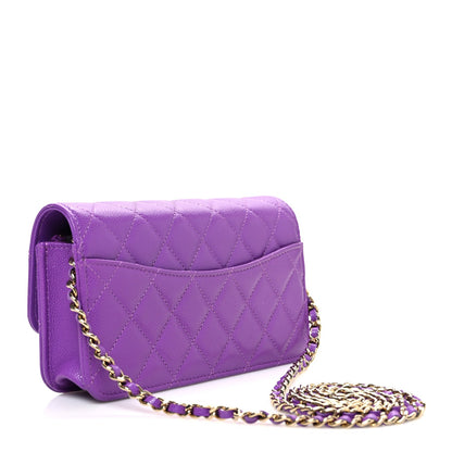 Caviar Quilted Flap Phone Holder with Chain Purple