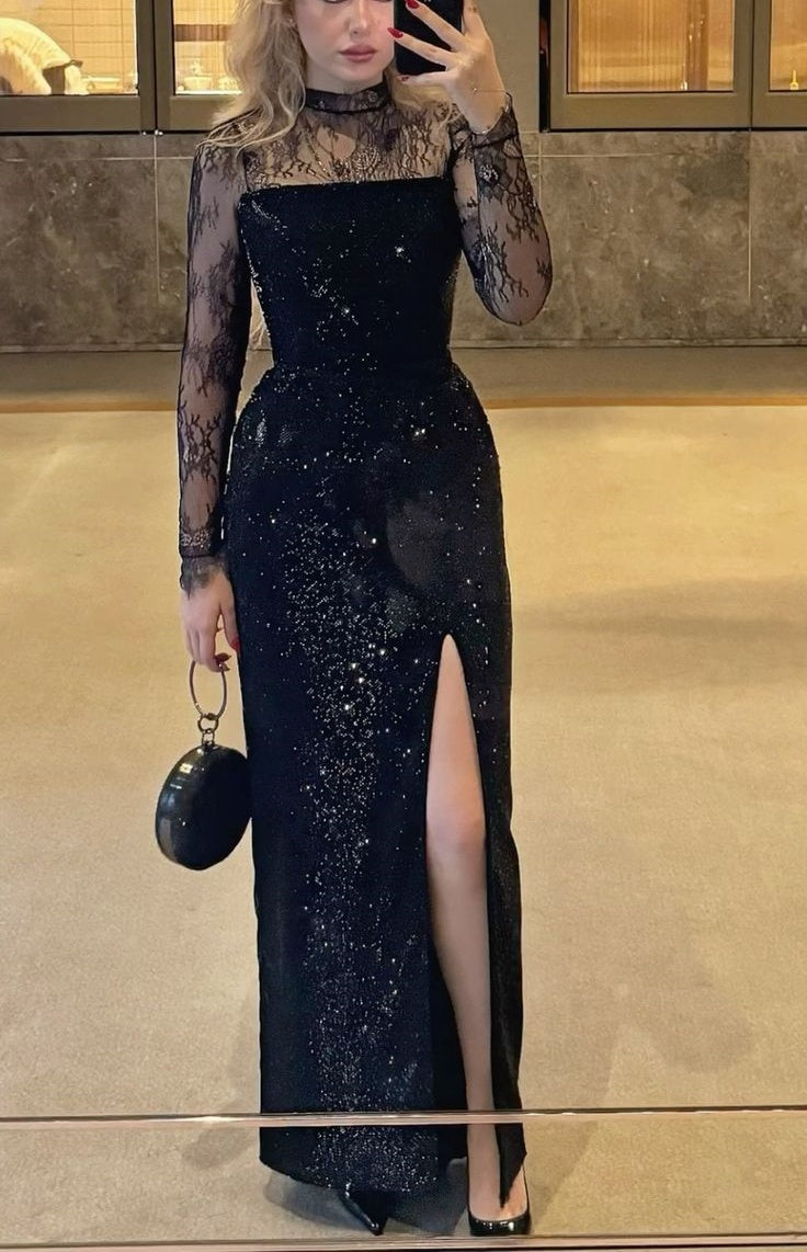 formaldressy-Black Long-Sleeved Lace Sequined Evening Gown gh6258