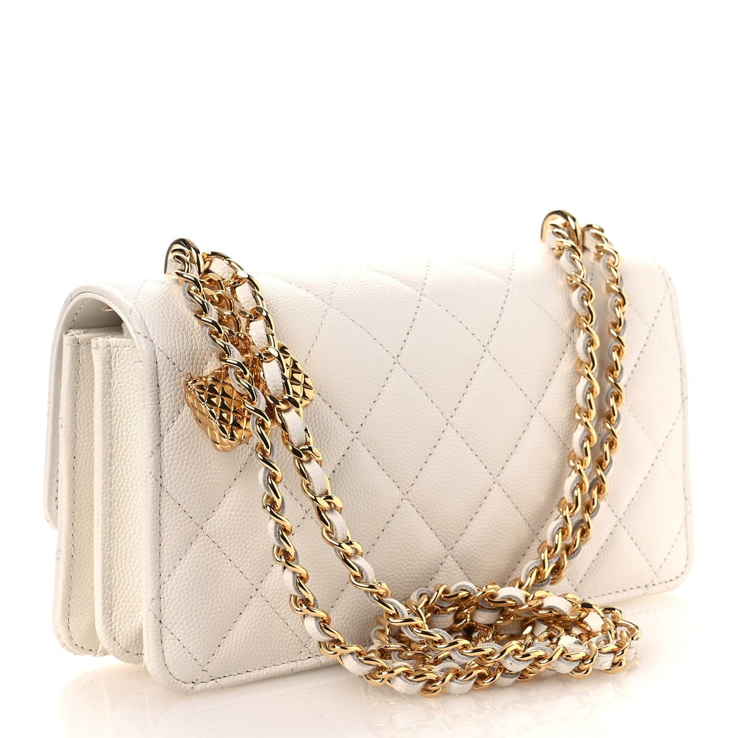 Shiny Caviar Quilted Flap Charm Wallet On Chain WOC White