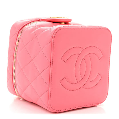 Calfskin Quilted Small Vanity Case With Chain Coral Pink