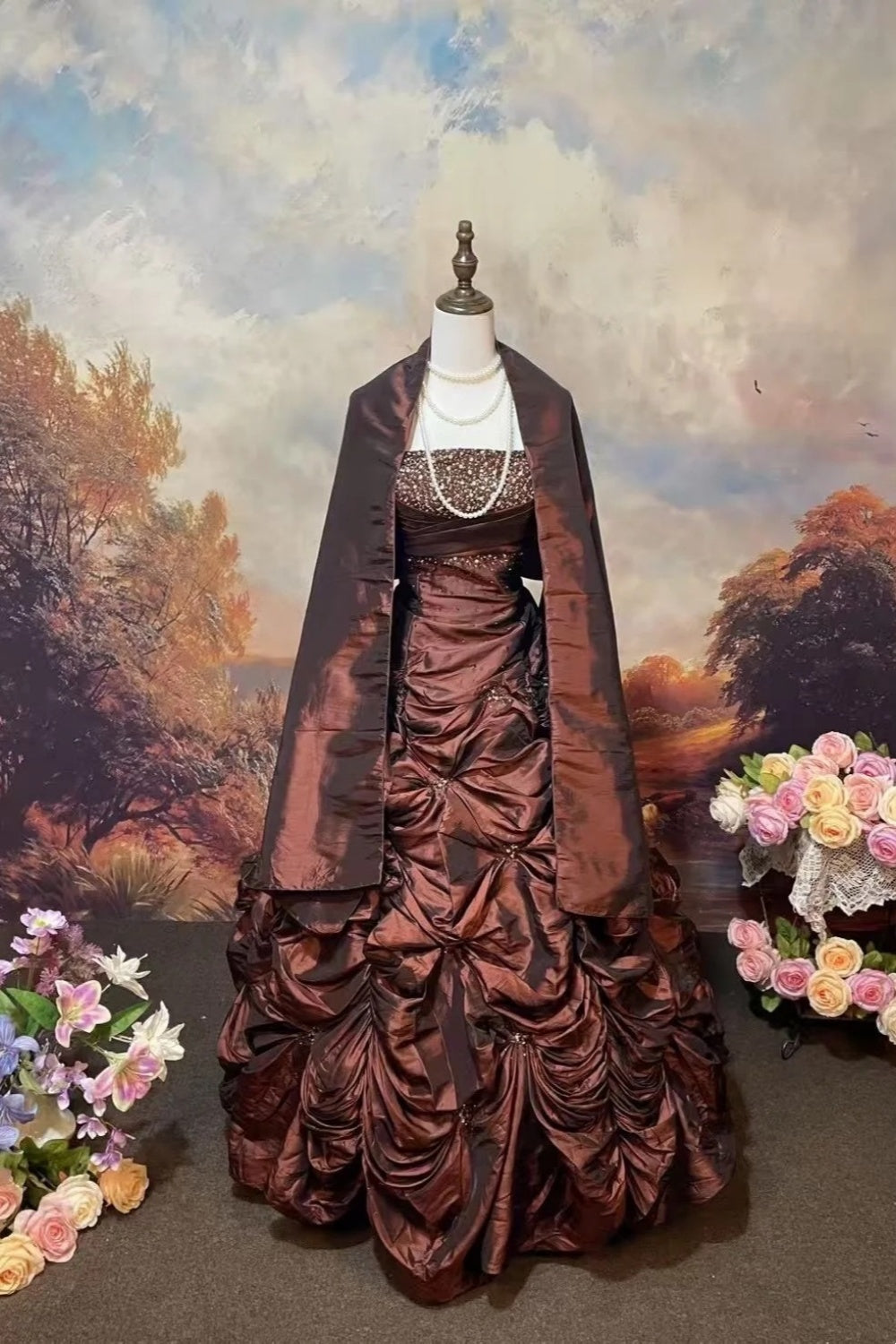 formaldressy-Brown Shimmering Long Satin Ball Gown gh6295