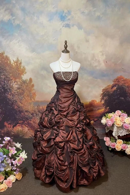 formaldressy-Brown Shimmering Long Satin Ball Gown gh6295