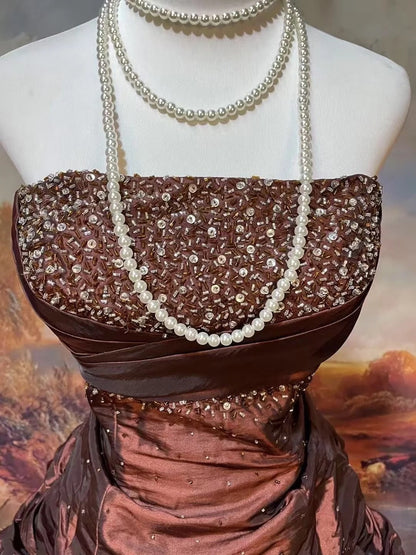 formaldressy-Brown Shimmering Long Satin Ball Gown gh6295