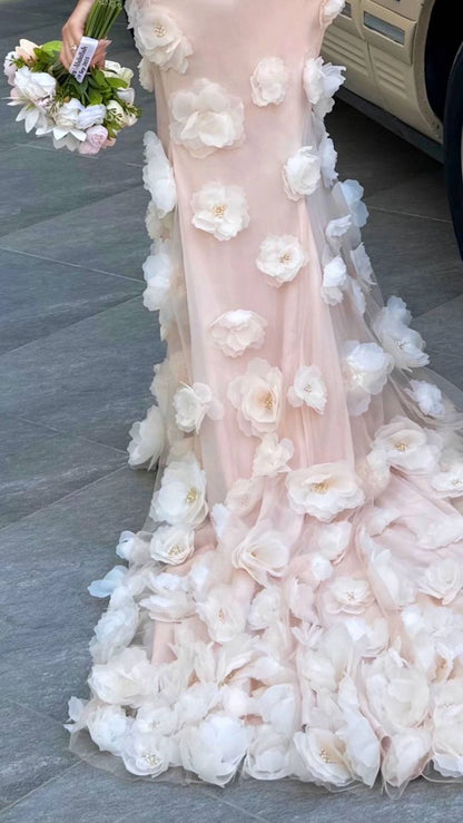 formaldressy-Pink Elegant Floral Long Tulle Mermaid Bodycon Ball Gown Wedding Dress gh5952