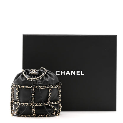 Lambskin Bucket Chain Drawstring Bag Black