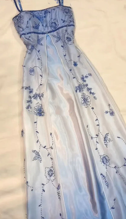 formaldressy--Blue and white exquisite floral strap fashion long tulle floor-length ball gown graduation dress gh5520