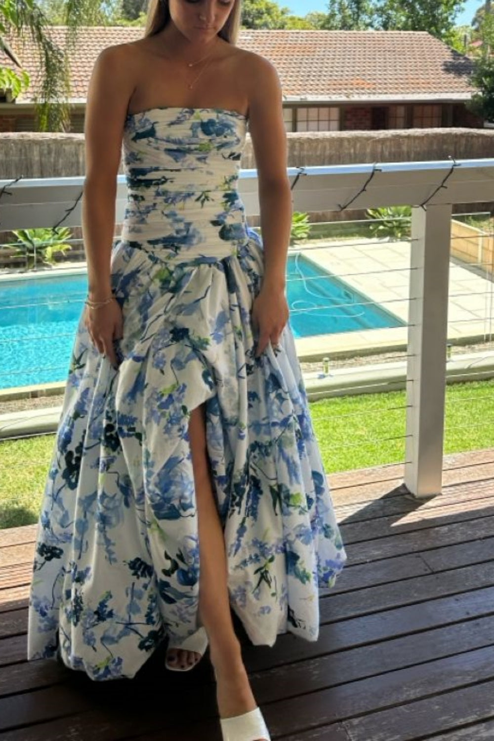formaldressy-Blue And White Floral Long Satin Chiffon Ball Gown Graduation Dress gh5927
