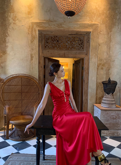Classic Red A Line V Neck Satin Long Prom Dress Party Dress SH4030