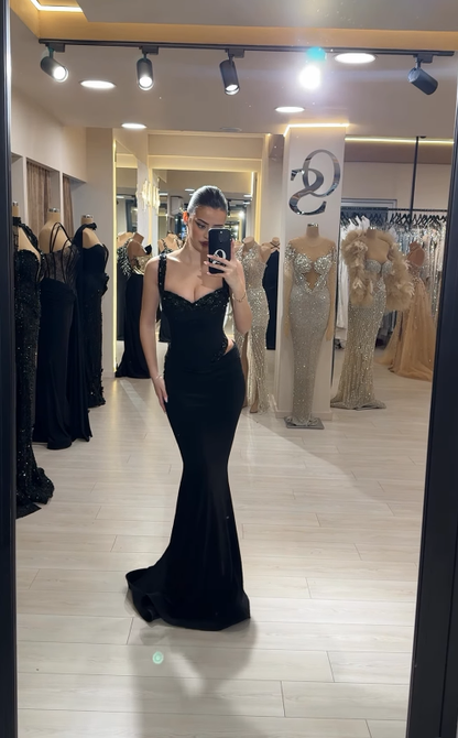 Sexy Mermaid Spaghetti Straps Beaded Satin Long Prom Dress Evening Dress SH4796