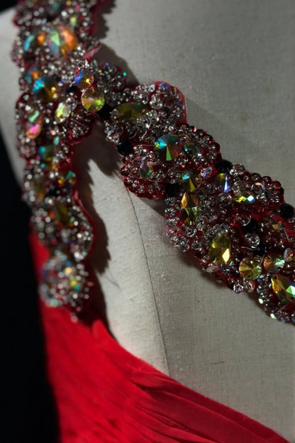 formaldressy-Glamorous Shiny Red Crystal One Shoulder Prom Dress gh5849