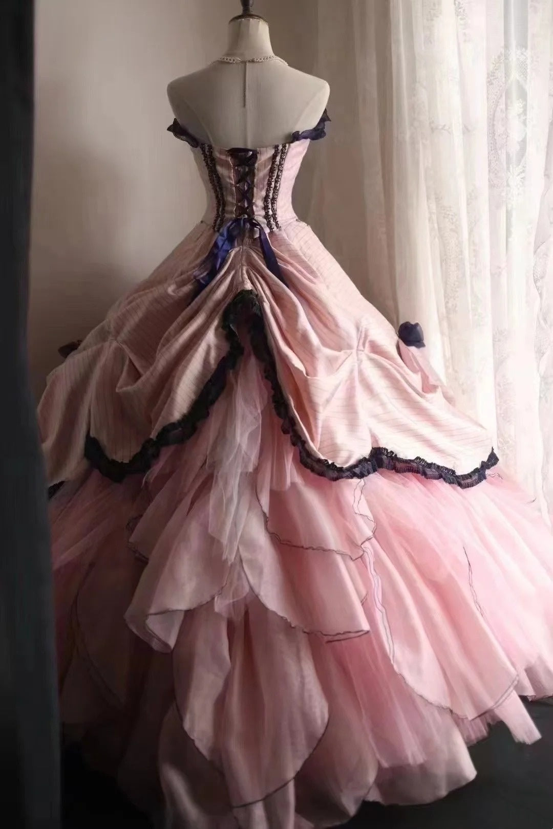 formaldressy-Sleeveless Pink - Blue Contrast Lace - decorated Puff dress, Retro Court - style Satin Floor - length Evening Dress gh5830