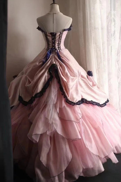 formaldressy-Sleeveless Pink - Blue Contrast Lace - decorated Puff dress, Retro Court - style Satin Floor - length Evening Dress gh5830