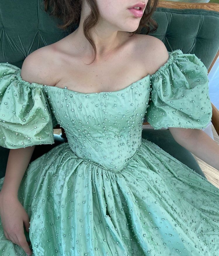 formaldressy-Green pearl beaded long satin short-sleeved princess dress long graduation dress gh5766