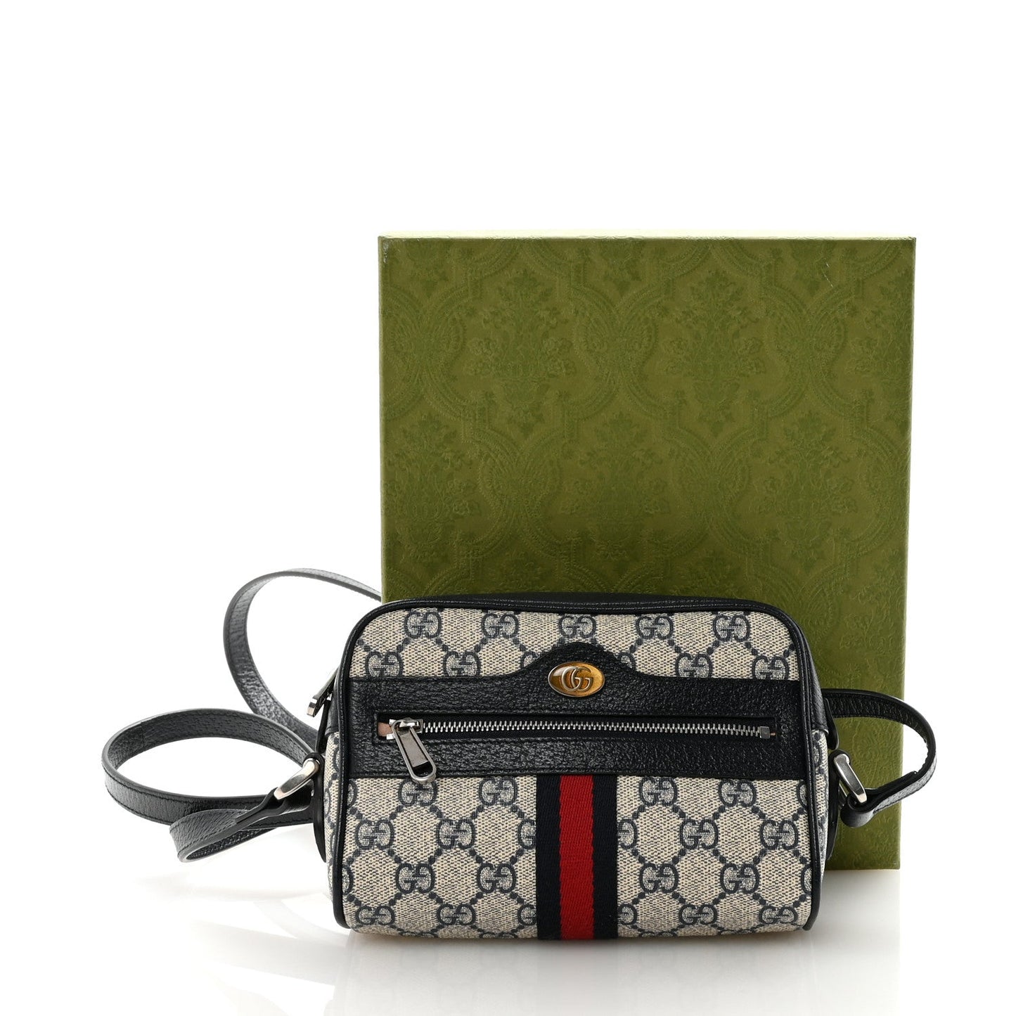 GG Supreme Monogram Textured Dollar Calfskin Web Mini Ophidia Shoulder Bag Beige Blue