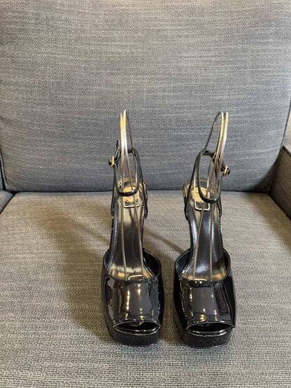 LA SCANDALE PLATFORM SANDALS IN BLACK GLOSSY CALFSKIN