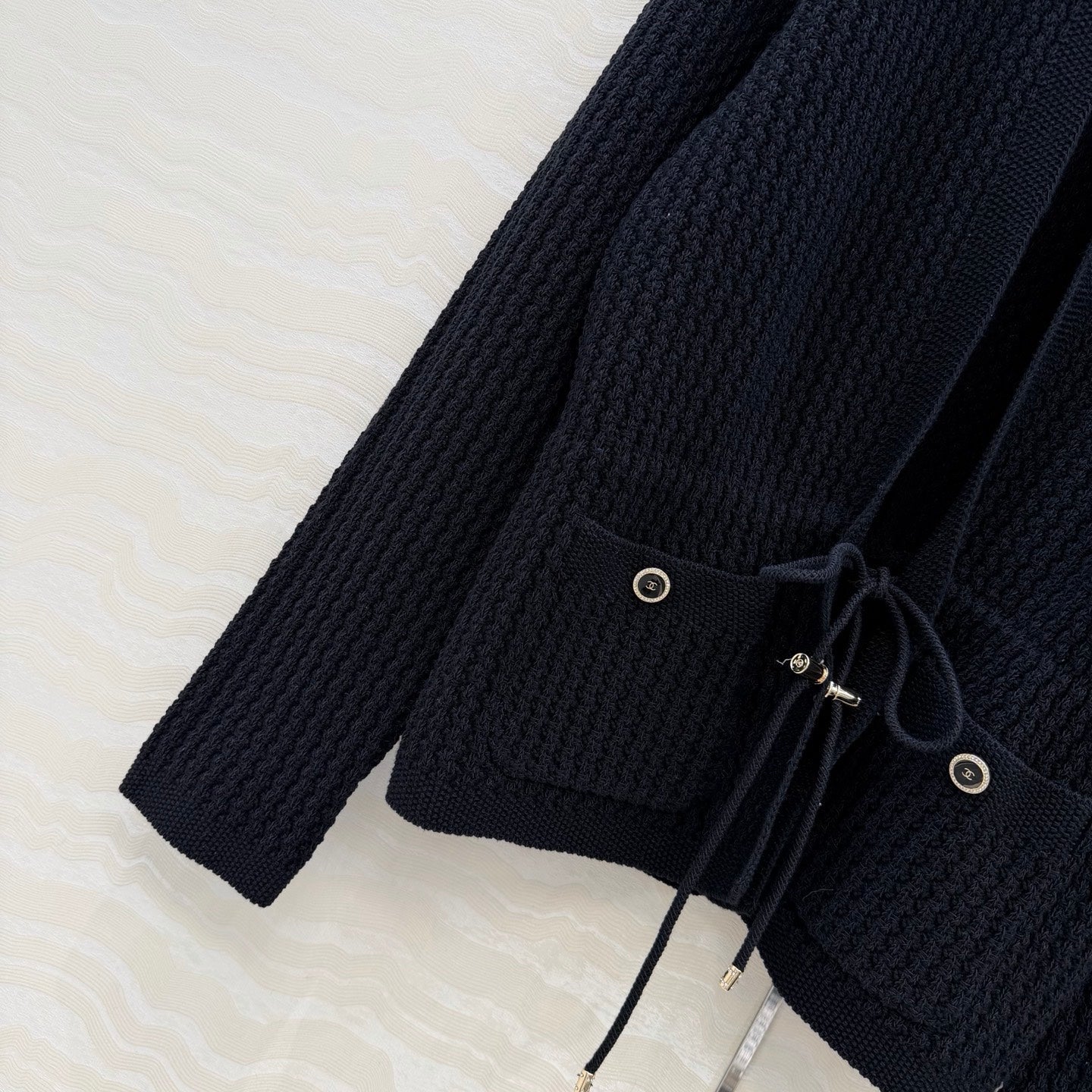Chanel 26c Rhinestone Buckle Belt Cardigan Black Wool 333722