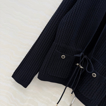 Chanel 26c Rhinestone Buckle Belt Cardigan Black Wool 333722