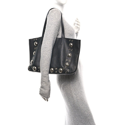 Grainy Calfskin Studded Medium Nellcote Shopping Tote Black