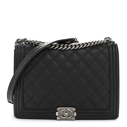 Calfskin Embossed Stitch Large Boy Flap Black