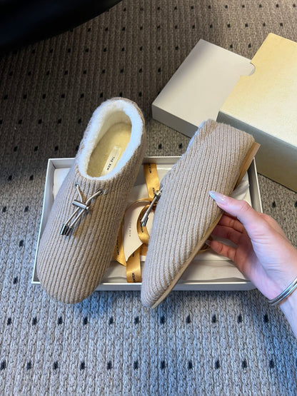 The Row 2025 Striped Furry Slipper Beige White Wool 561638
