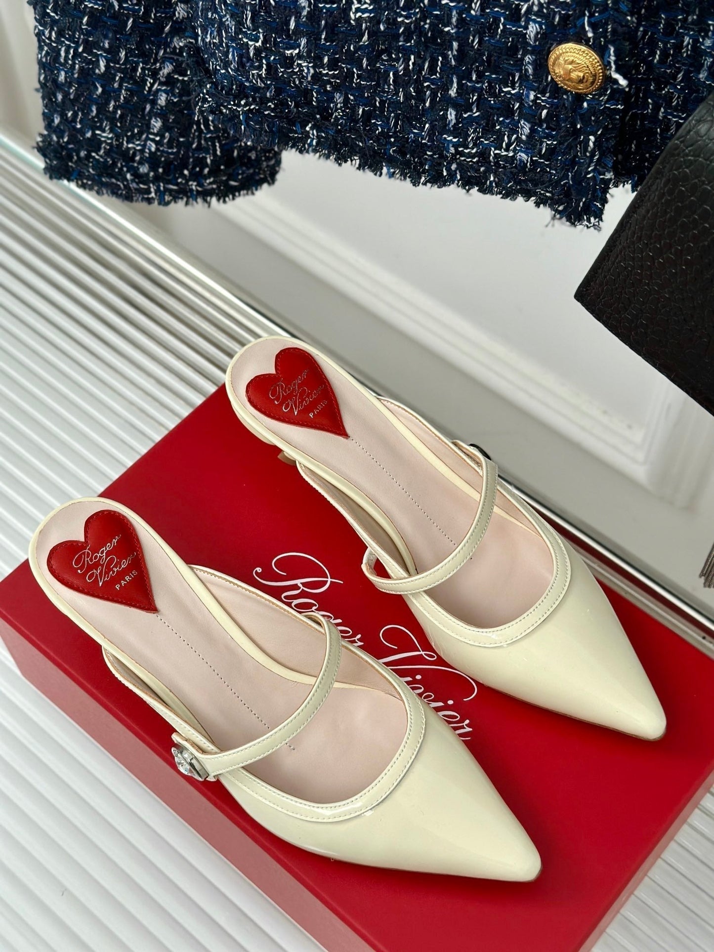 Mary Jane Virgule Mules 55 White Patent Leather