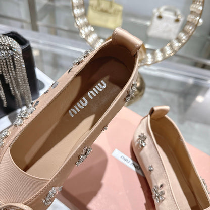 Miu 26 Ballet Flats with Crystal Rhinestones Light Pink Silk Satin 592101