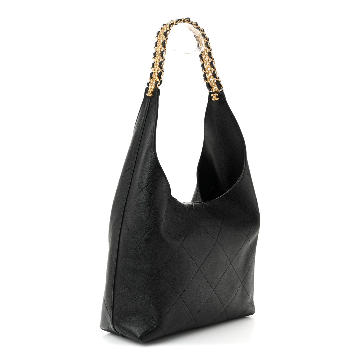 Shiny Lambskin Quilted Medium Hobo Black