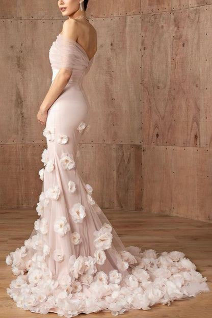 formaldressy-Pink Elegant Floral Long Tulle Mermaid Bodycon Ball Gown Wedding Dress gh5952