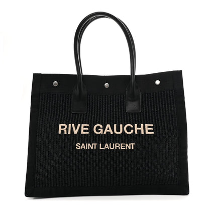Raffia Linen Calfskin Rive Gauche Tote Black