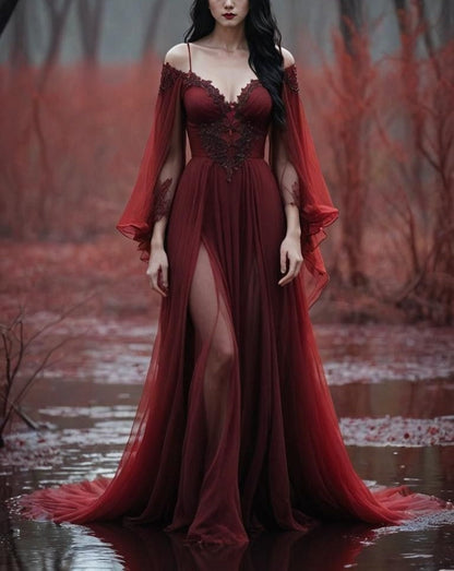 formaldressy-Long Sleeves Long Tulle Floor-Length Train Retro Elegant Ball Gown Evening Dress gh5943