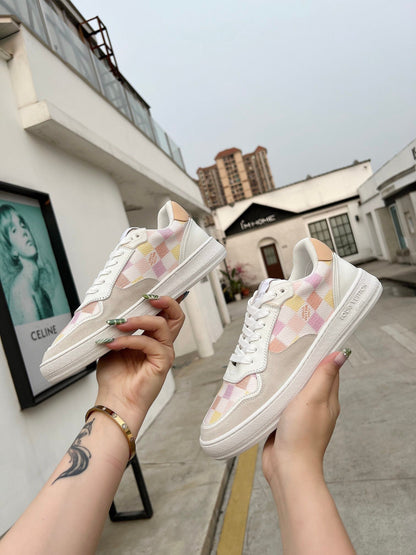 LV Groovy Sneaker White Pink Yellow Damier Canvas Suede 597684