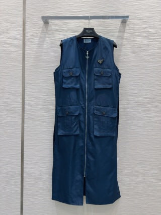Prada 2025 Sleeveless Zipper Dresses Blue and Black Poliamide