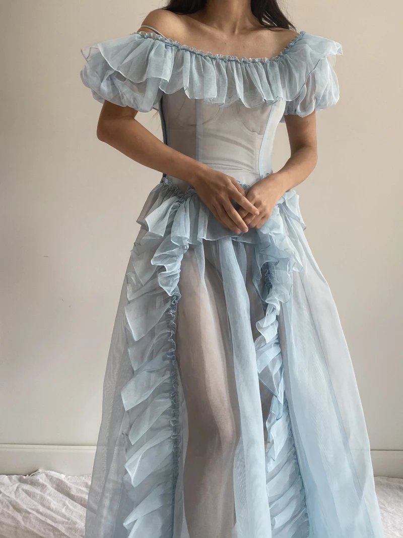 formaldressy-Blue tulle vintage long prom dress evening dress gh5316