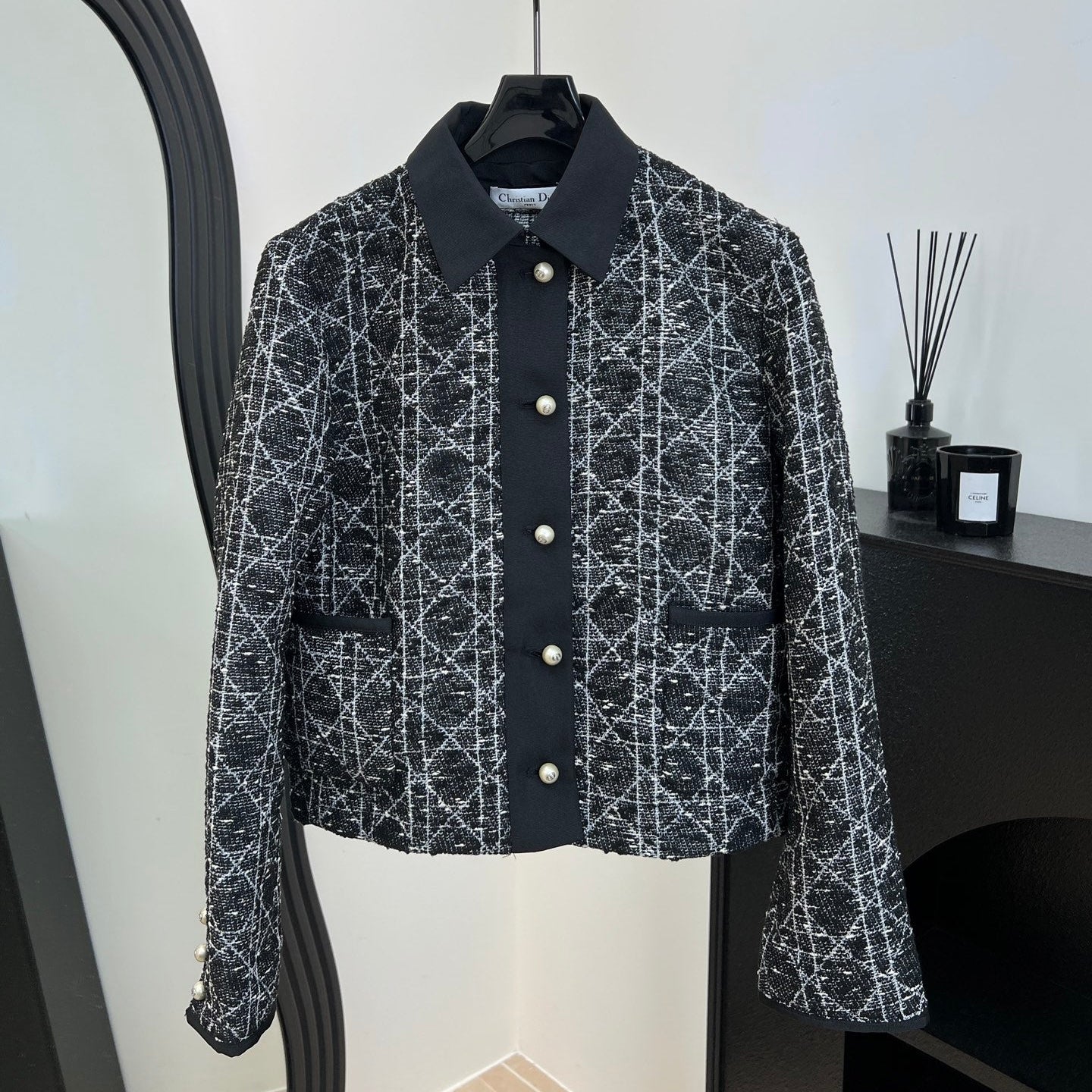 Dior 2025 Cannage Tweed Jacket with Pearl Buttons Black White Cotton