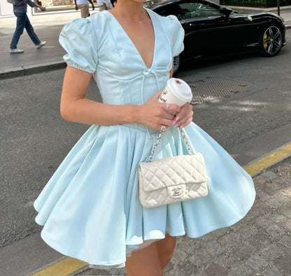 formaldressy-Blue Sweet Fashion V-Neck Short Satin Homecoming Dress Birthday Party Dress gh5249