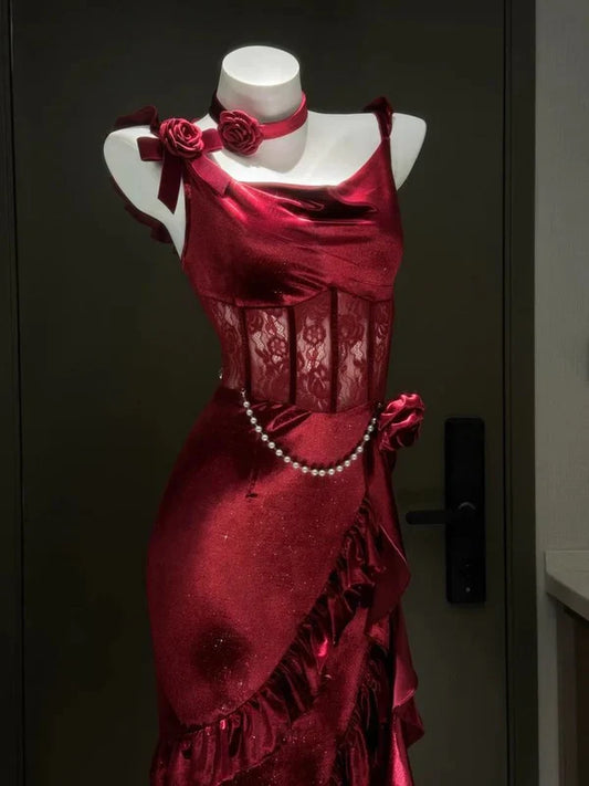 formaldressy--Burgundy Sexy Bodycon Halter Multi-layered Satin Slit Prom Dress Party Dress gh5450