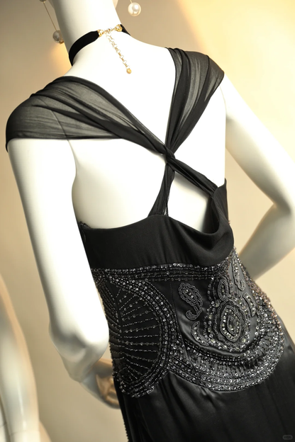 Vintage Sexy Black A Line Exquisite Beaded Chiffon Satin Prom Dress Evening Dress SH5133