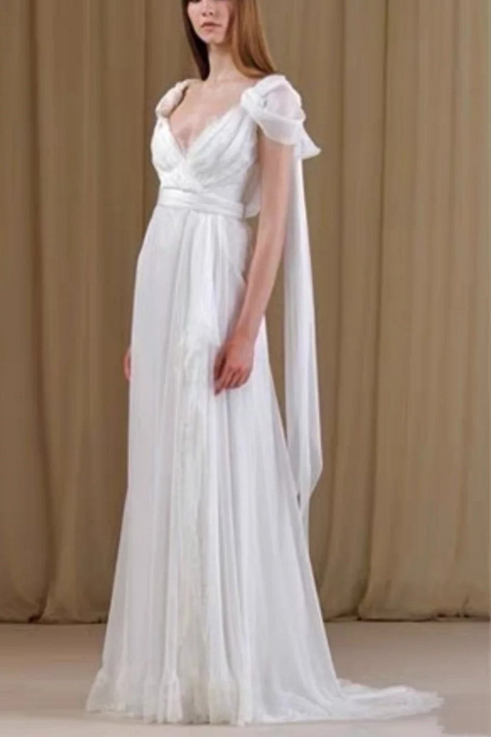 formaldressy-White Chiffon Short Sleeve Floor-Length Train V-Neck Elegant Gown gh6310