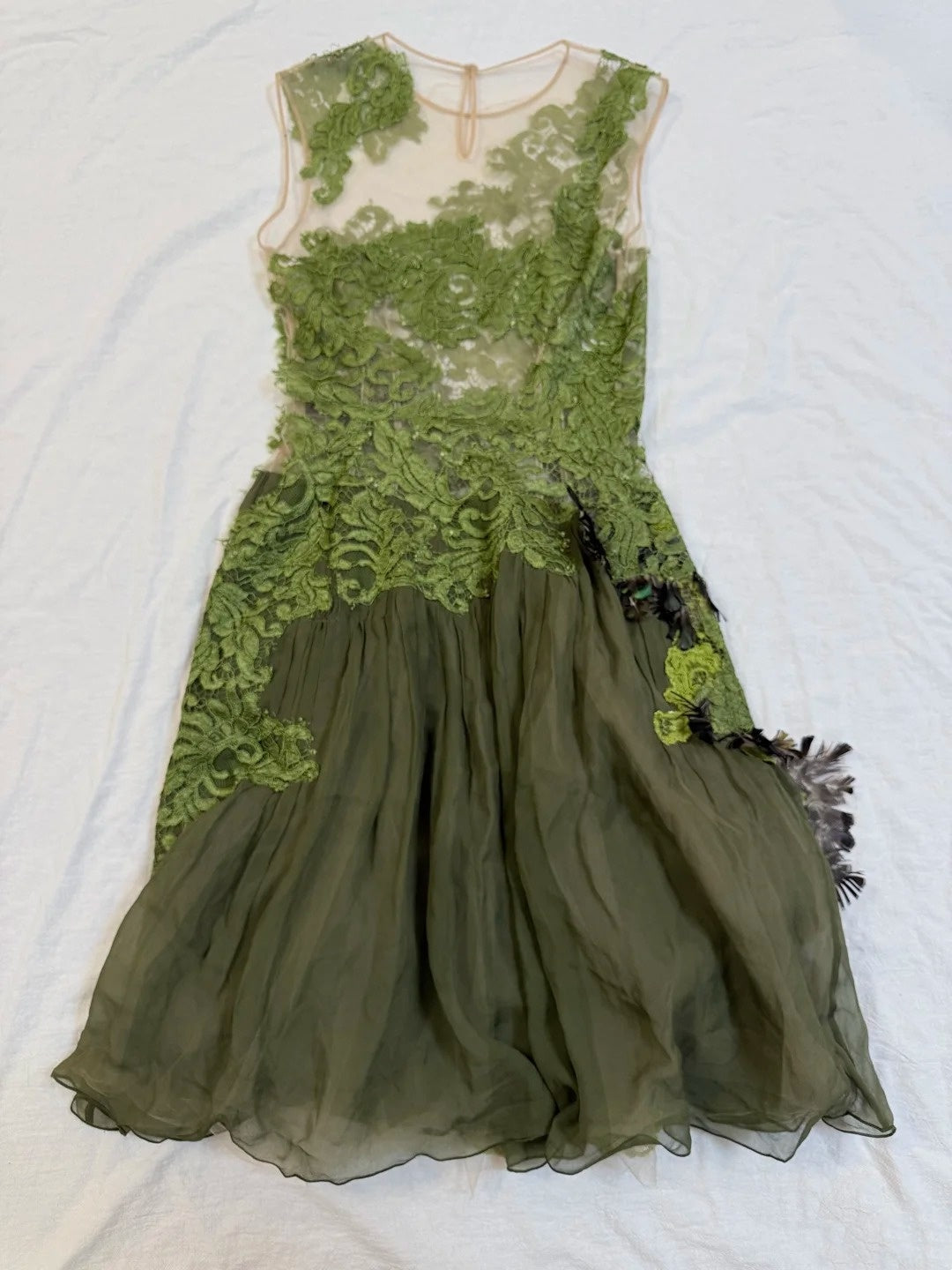 formaldressy-Olive Green Lace and Chiffon Paneled Sleeveless Midi Dress gh6311