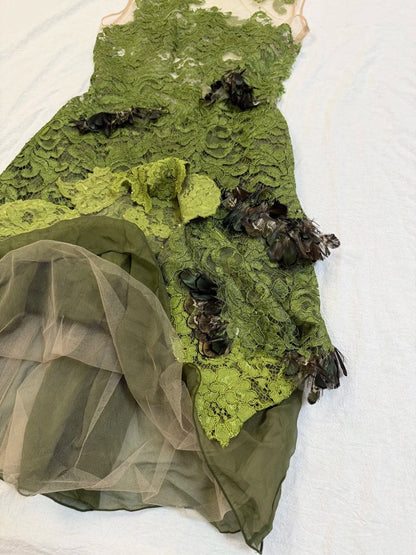 formaldressy-Olive Green Lace and Chiffon Paneled Sleeveless Midi Dress gh6311