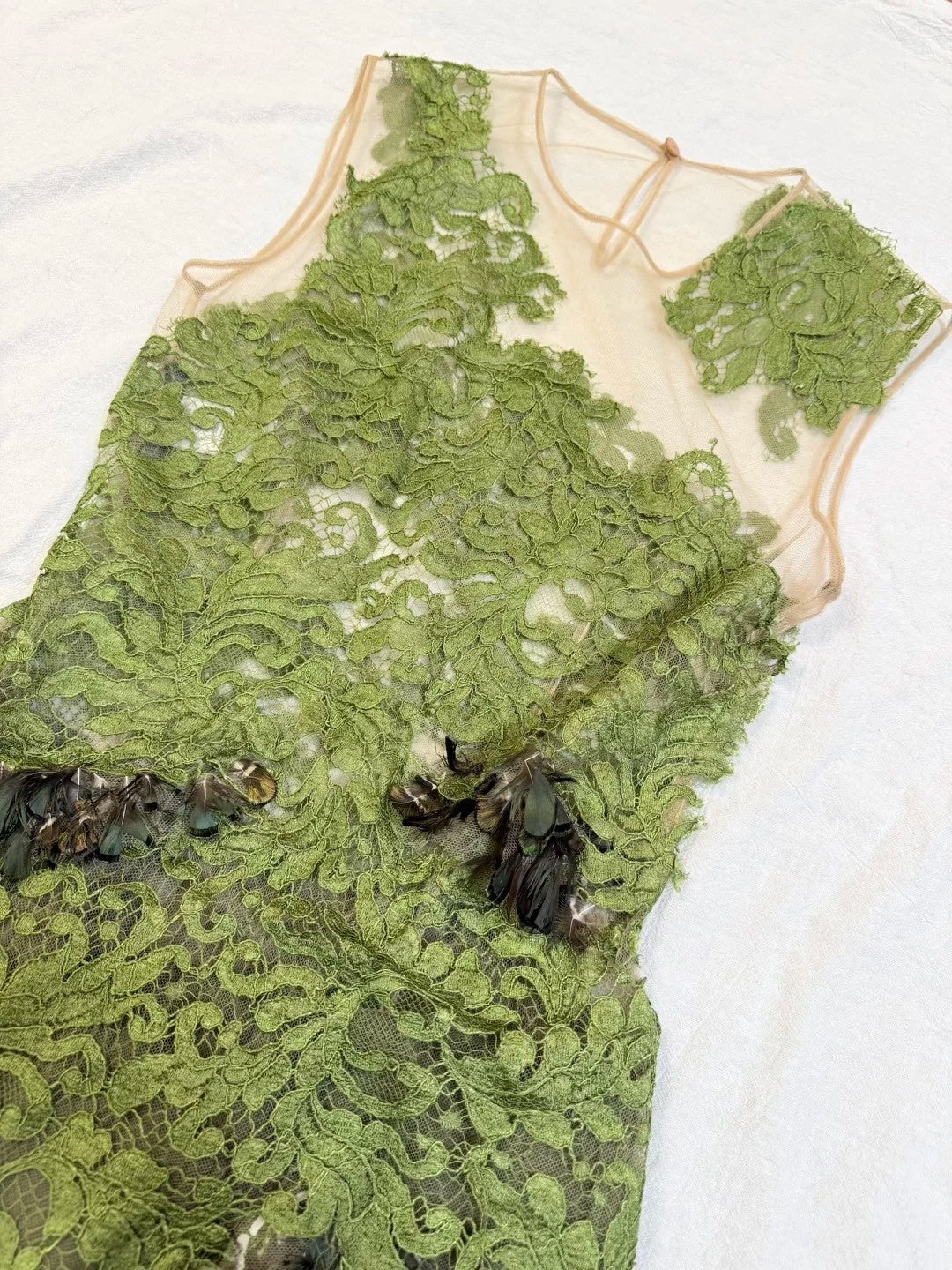 formaldressy-Olive Green Lace and Chiffon Paneled Sleeveless Midi Dress gh6311