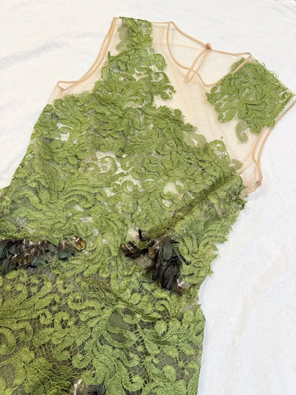 formaldressy-Olive Green Lace and Chiffon Paneled Sleeveless Midi Dress gh6311