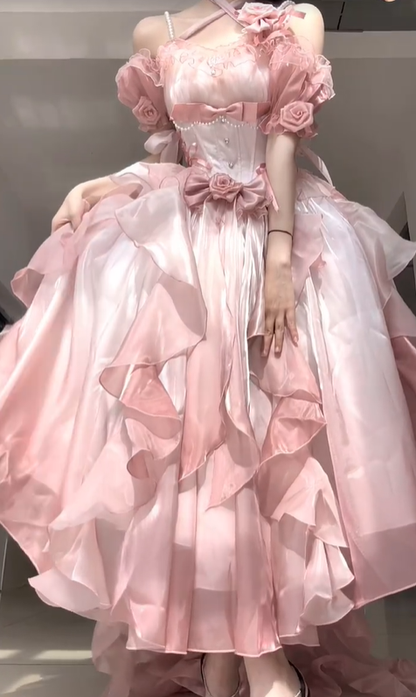 Cute Pink Ball Gown Off the Shoulder Beaded Chiffon Prom Dress 16th Birthday Dress SH5029