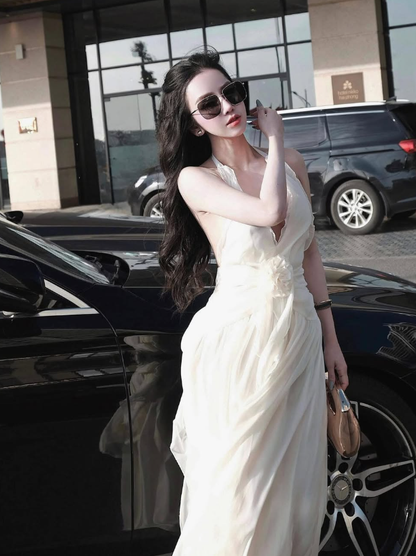 Simple White A Line V Neck Chiffon Open Back Long Prom Dress Date Dress SH4677
