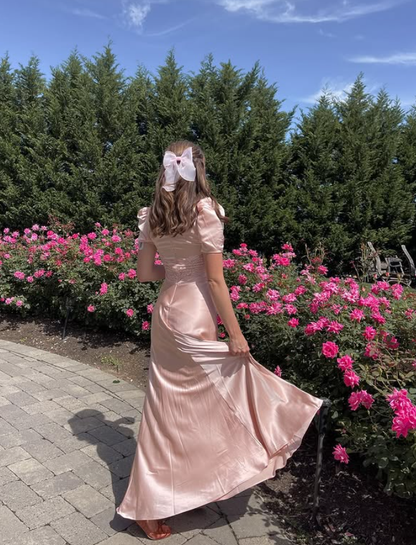 Gentle Light Pink A Line Puff Lace Satin Prom Dress Outfits SH4866