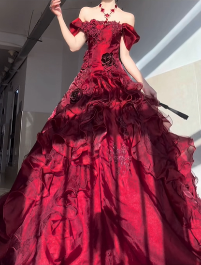 Burgundy Blue Ball Gown Off the Shoulder Beaded Rose Organza Satin Graduation Ball Gown 18th Birthday Dress SH4987