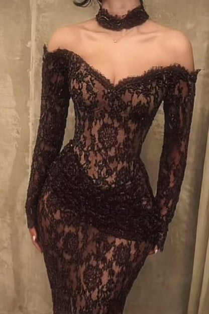 formaldressy-Black Lace Sexy Long Prom Dress gh6226