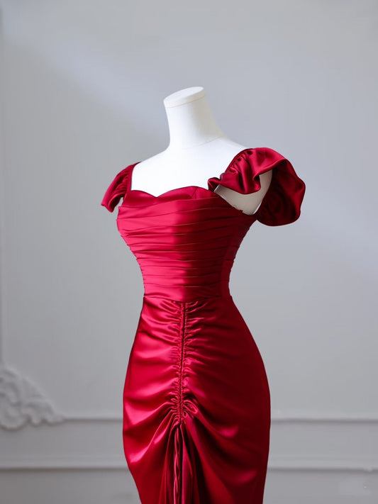Sexy Mermaid Red Satin High Low Prom Dresses Evening Gowns